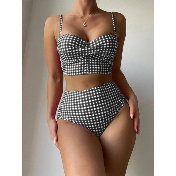 Gingham Print Padded High waisted Swim Beach Bikini black - Picture 2 of 6